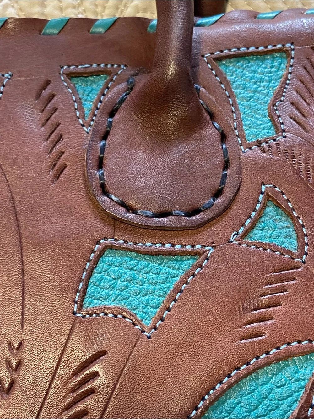 Leaders in Leather Paraguay Handbag Hand Tooled Cutout Satchel Brown Teal EUC